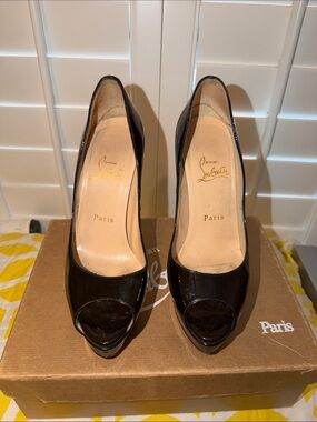 Christian Louboutin Black Patent Leather Peep-Toe Pumps with Signature Heel